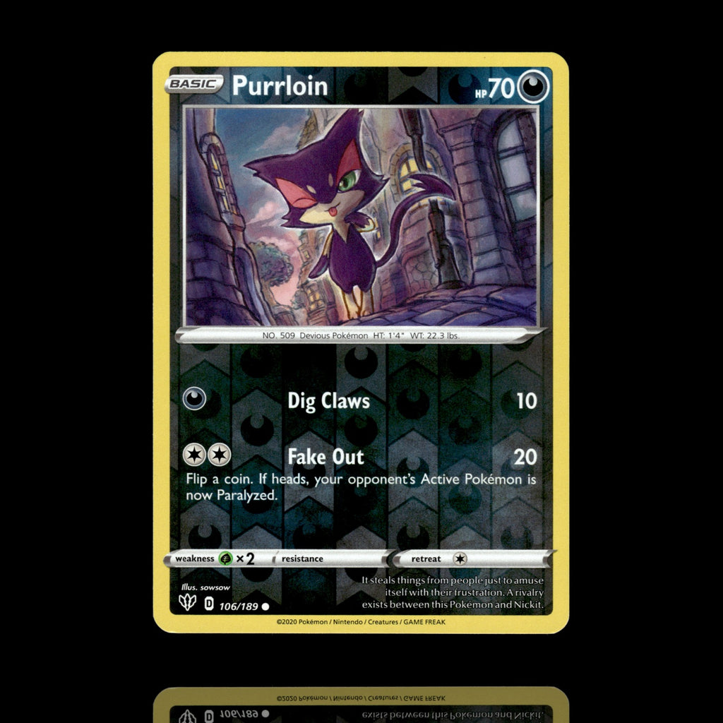 ▸ Purrloin | SWSH03: Darkness Ablaze | Reverse Holo | 106/189 | NM